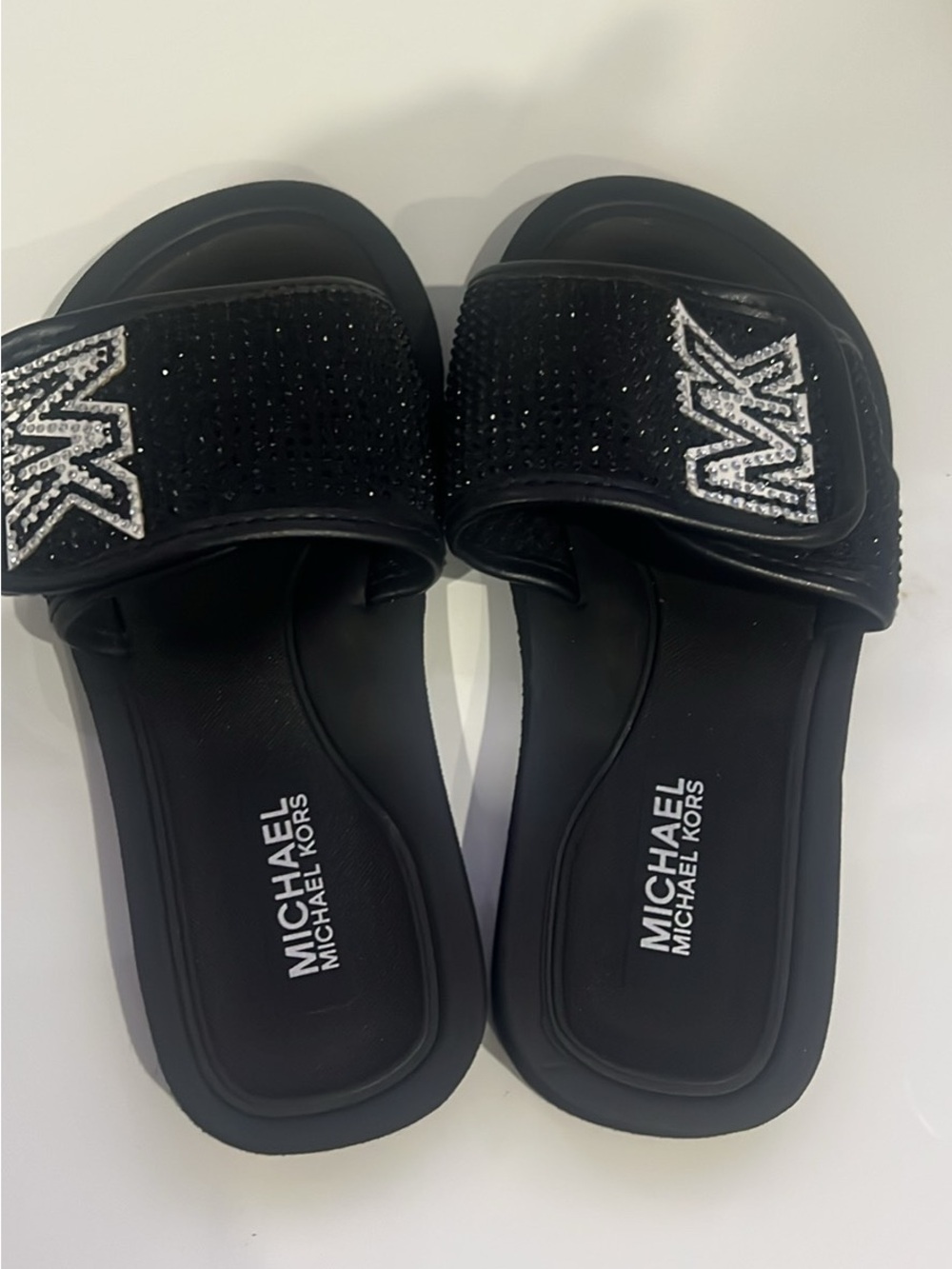 Michael Kors Black Textured Slide Sandals with MK Pattern